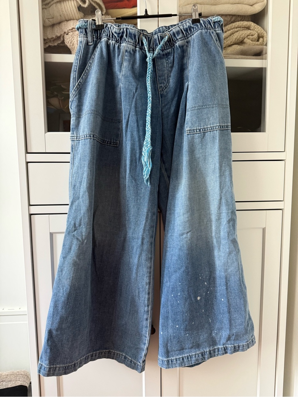 Free People Light Wash Wide Leg Denim Pants with Drawstring
